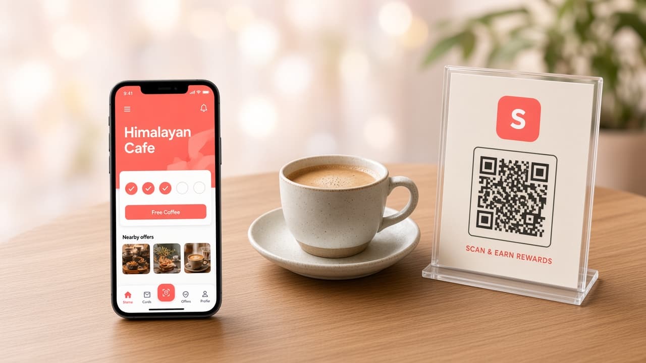 Stamp Perk loyalty app on a cafe table with coffee and QR reward stand